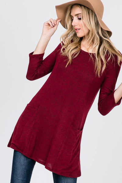 The Marian - 3/4 Sleeve Brushed Hacci Tunic Top - Ruby Rebellion