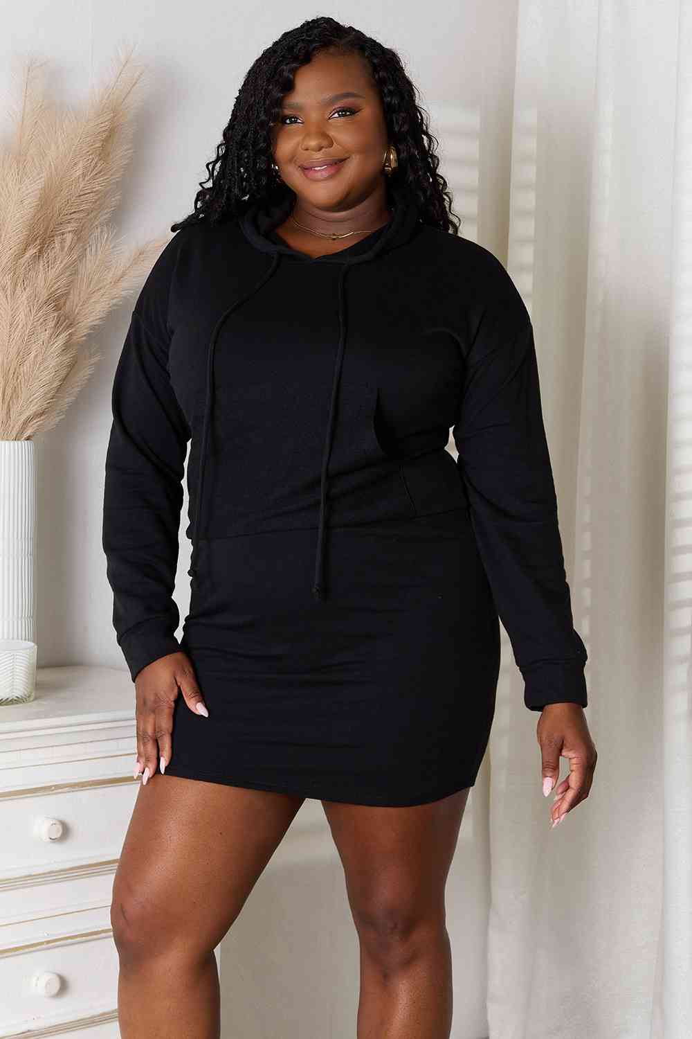 End of the Road Black Drawstring Long Sleeve Hooded Dress