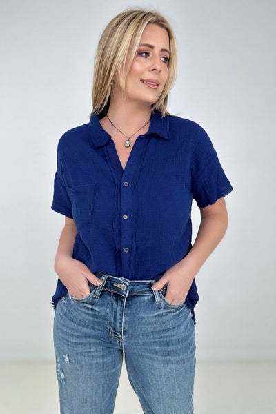 New Color - Zenana "April" Gauze Button Down Raw Edge Short Sleeve Top