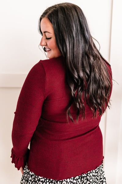 09.20 Mock Neck Bell Sleeve Knit Top In Heathered Burgundy