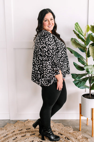 12.22 Dolman Sleeve Blouse With Bow Sleeve In Black & White Animal Print