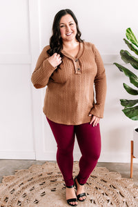 12.18 Button Front Knit Top With Elbow Patch Detail In Chesnut