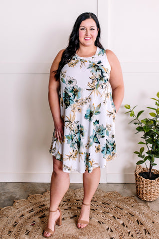 1.17 Sleeveless Shift Dress With Pockets In Teal, Yellow & Ivory Florals