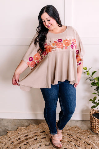 Bold Embroidered Floral Top In Natural Dahlia