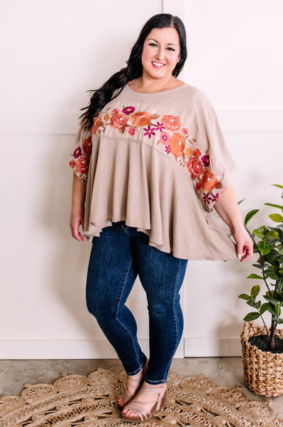 Bold Embroidered Floral Top In Natural Dahlia
