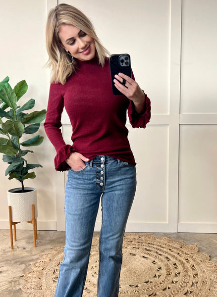 09.20 Mock Neck Bell Sleeve Knit Top In Heathered Burgundy