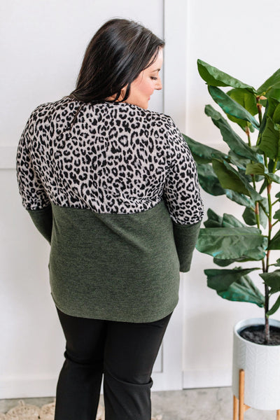 12.1 Olive Color Block Top In Snow Leopard