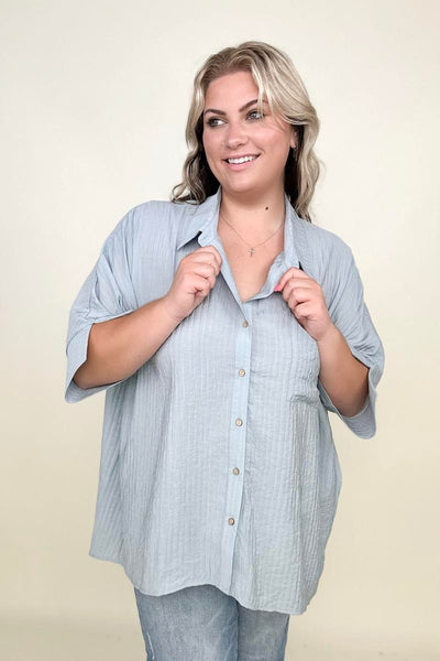 Umgee Pleated Batwing Short Sleeve Button Up Top