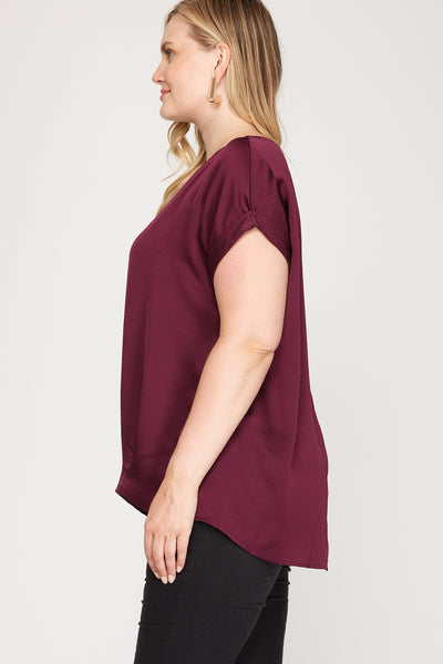 Plum Drop Shoulder Boatneck Satin Top - Ruby Rebellion