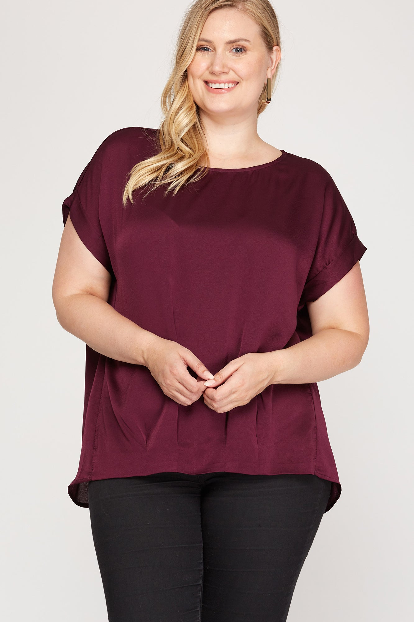 Plum Drop Shoulder Boatneck Satin Top - Ruby Rebellion