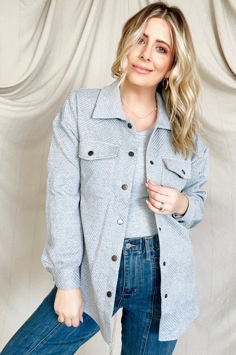 Gray Solid Textured Flap Pocket Buttoned Shacket