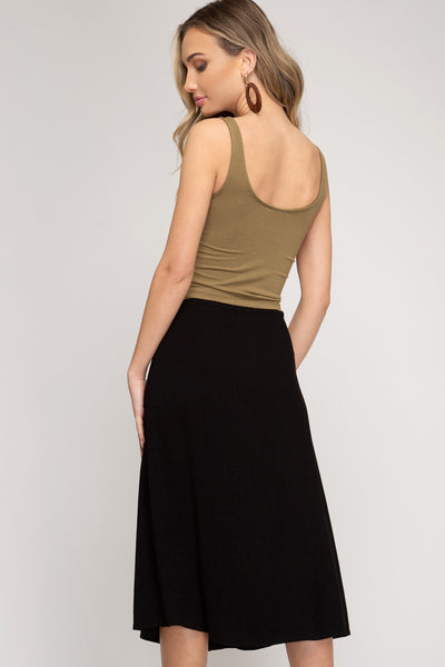 Black Linen Button Down Midi Skirt
