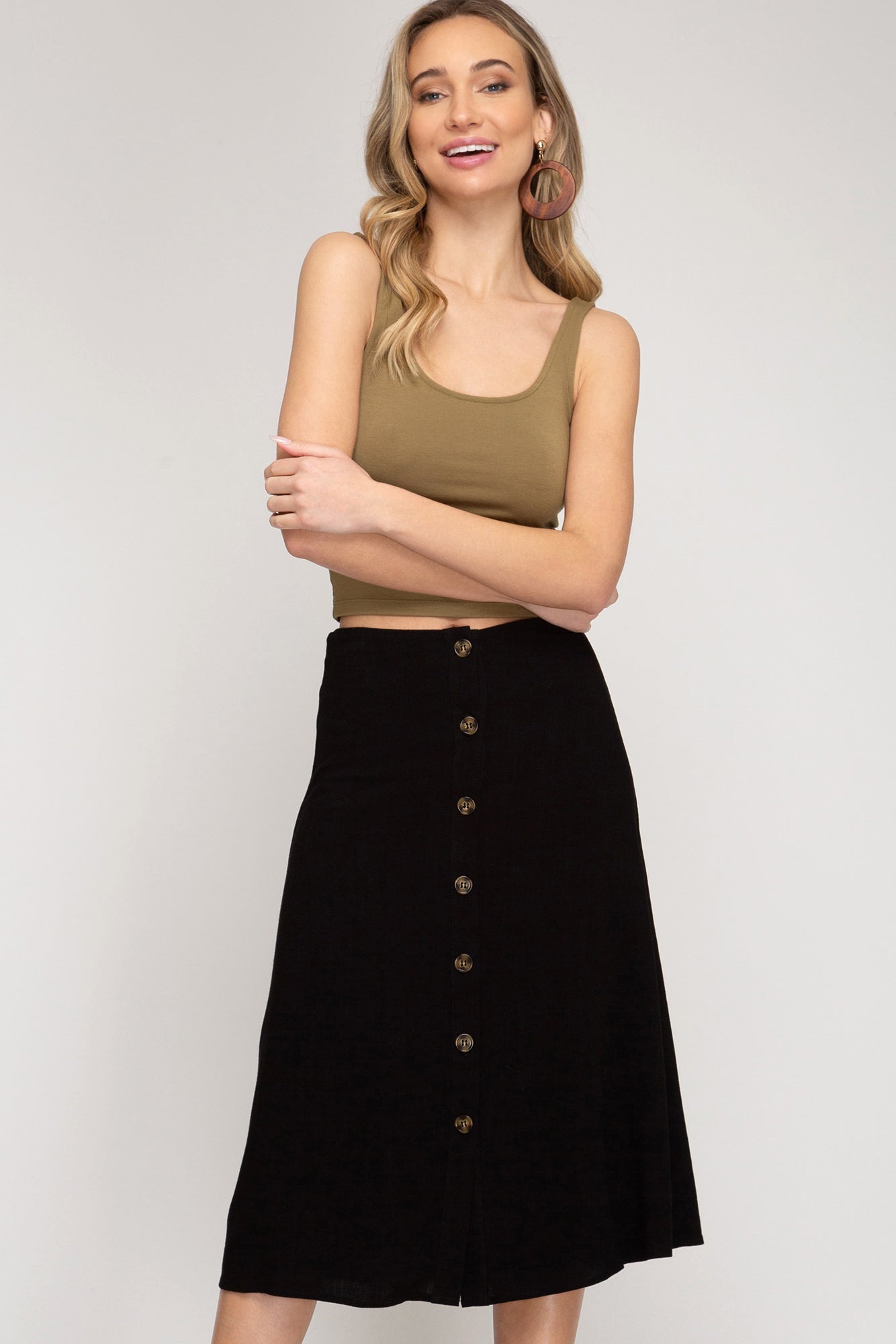 Black Linen Button Down Midi Skirt