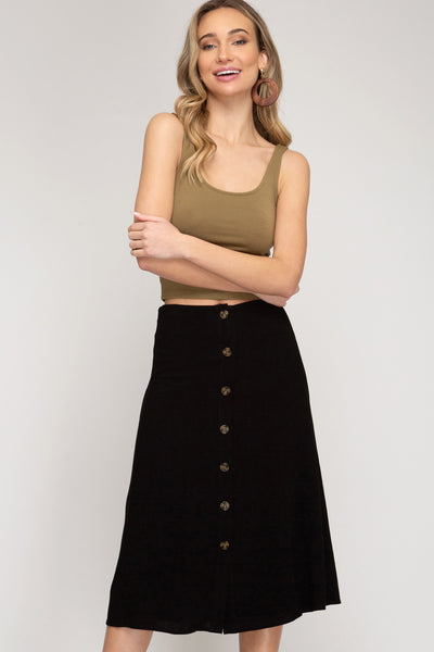 Black Linen Button Down Midi Skirt - Ruby Rebellion