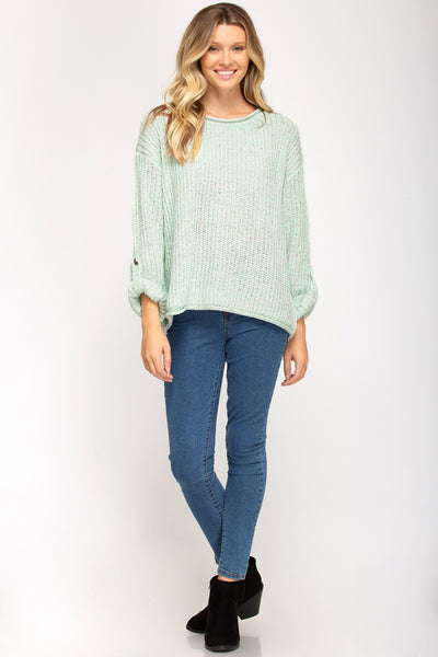 Mint Confetti 3/4 Roll Up Sleeve Sweater - Ruby Rebellion