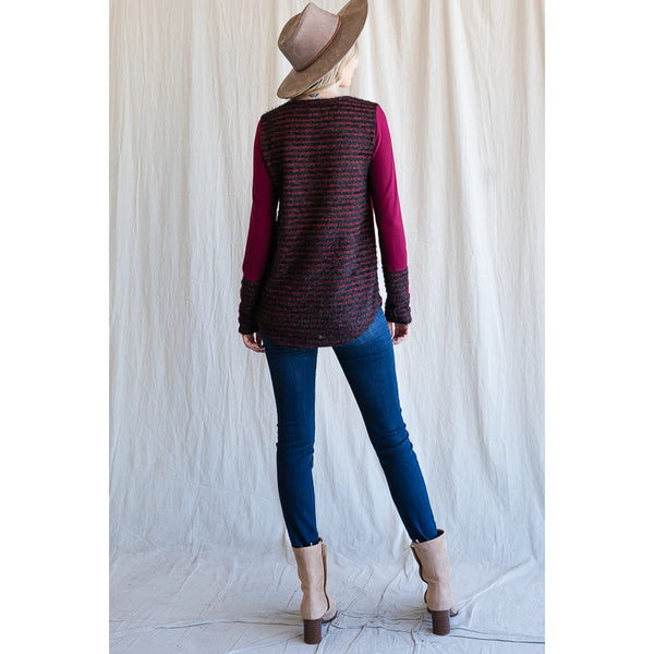 Burgundy Brushed Knit Top With Striped Back - Ruby Rebellion
