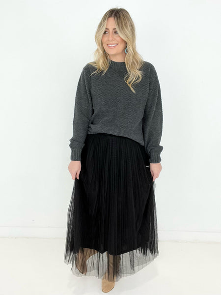 Mesh Pleated Maxi Skirt