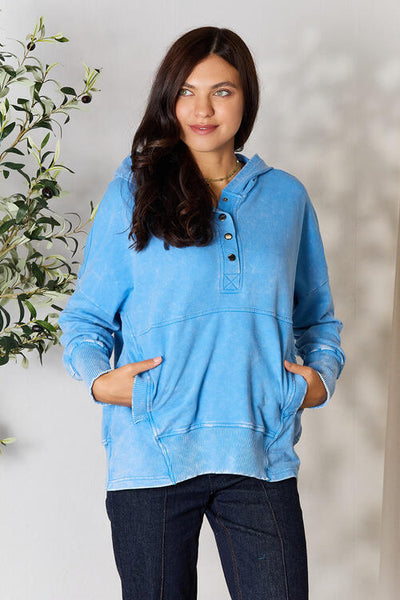 Deep Sky Half Snap Long Sleeve Hoodie with Pockets