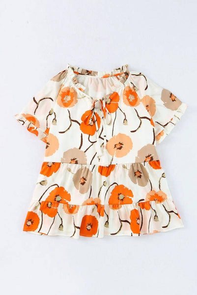 Floral Print Frill Neck Tiered Babydoll Blouse