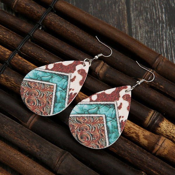 Retro Teardrop Cow/Leopard Pattern Drop Earrings