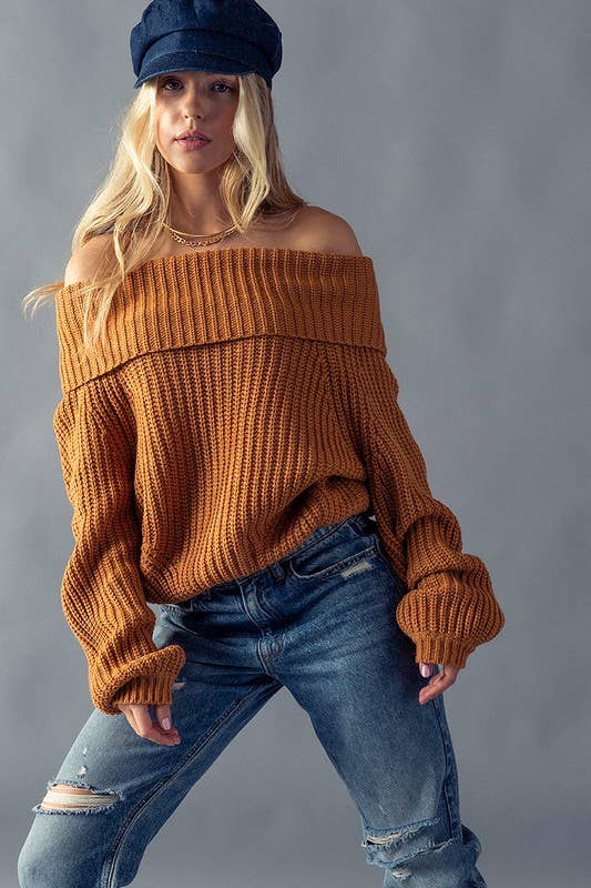 Rust Off Shoulder Ribbed Knit Sweater