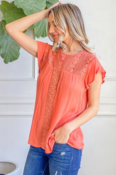 And The Why Coral Lace Detail Ruffle Short Sleeve Blouse