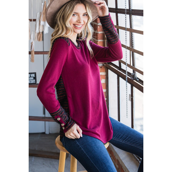 Burgundy Brushed Knit Top With Striped Back - Ruby Rebellion