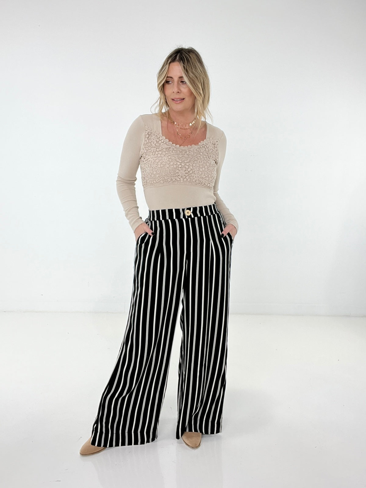 Rae Mode Striped Hi Waist Wide Leg Long Pants