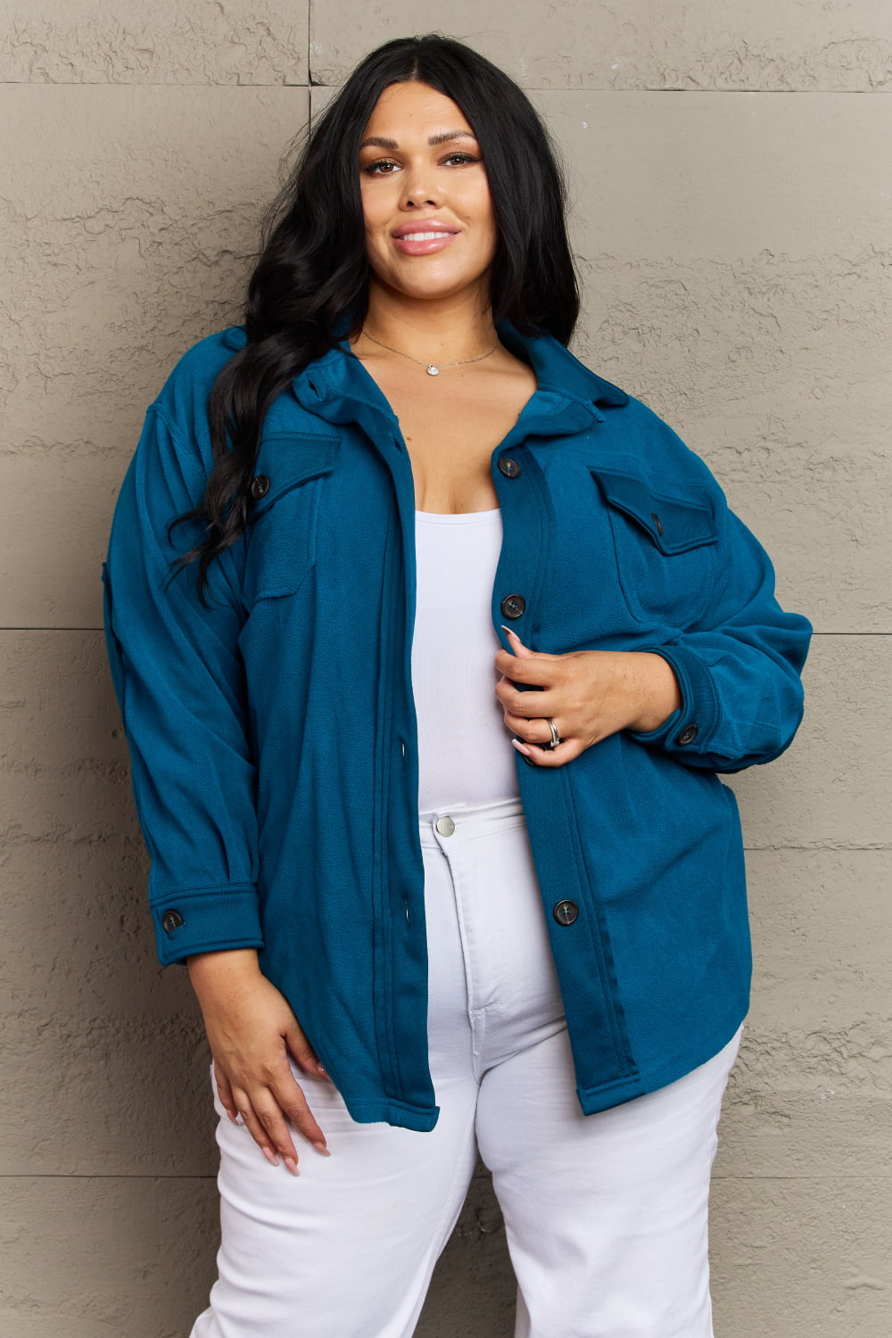 Cozy in the Cabin Elbow Patch Shacket in Teal