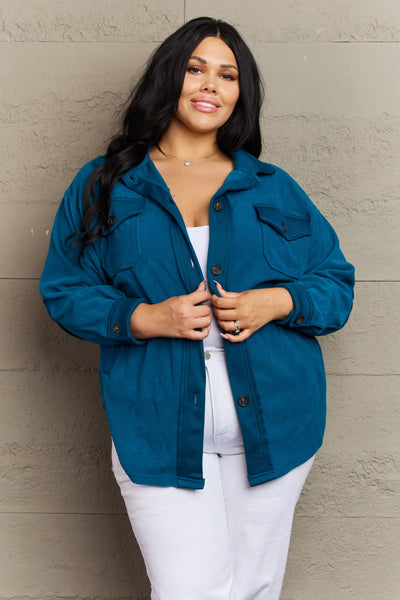 Cozy in the Cabin Elbow Patch Shacket in Teal