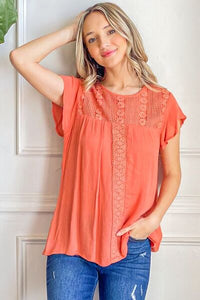 And The Why Coral Lace Detail Ruffle Short Sleeve Blouse