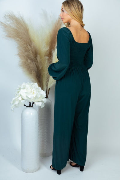 Smocked Gathered Wide-Leg Solid Knit Jumpsuit