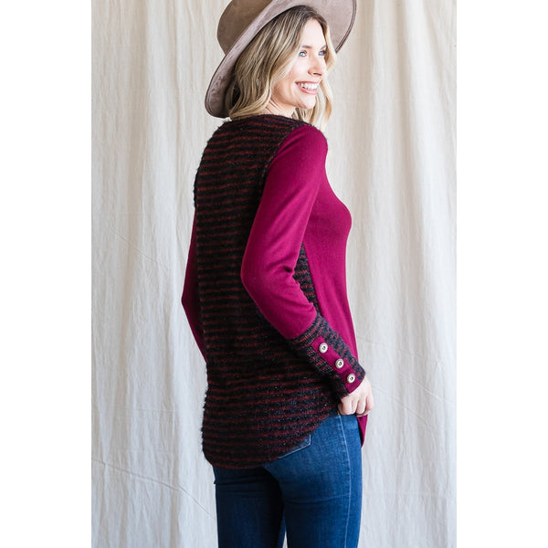 Burgundy Brushed Knit Top With Striped Back - Ruby Rebellion
