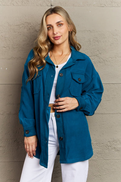 Cozy in the Cabin Elbow Patch Shacket in Teal