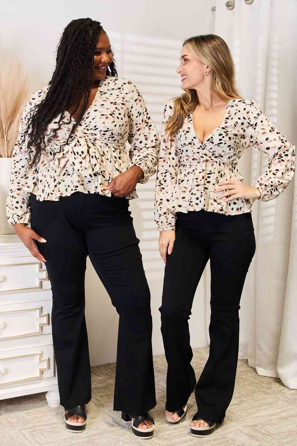 Touch of Elegance Tied Plunge Peplum Blouse