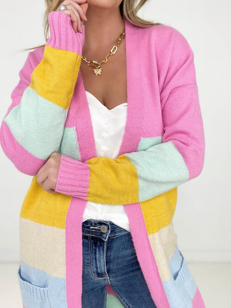New Size - Candy Ribbon Color Block Long Knit Cardigan