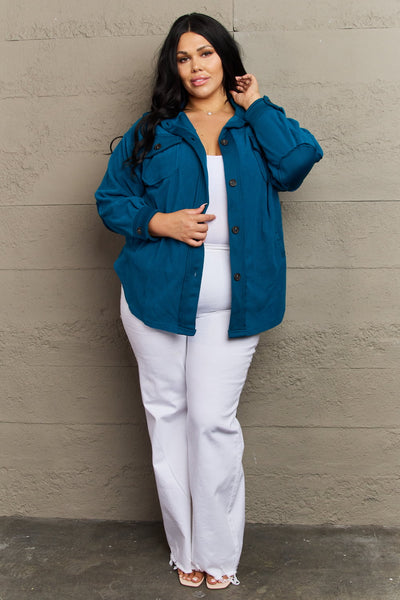 Cozy in the Cabin Elbow Patch Shacket in Teal