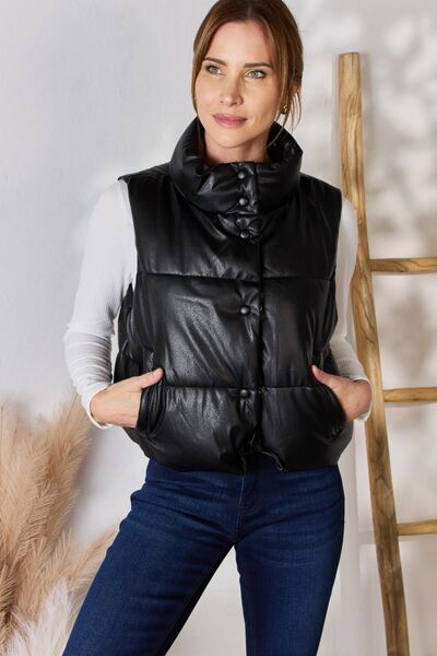 A Touch of Edge Black Faux Leather Snap and Zip Closure Puffer Vest