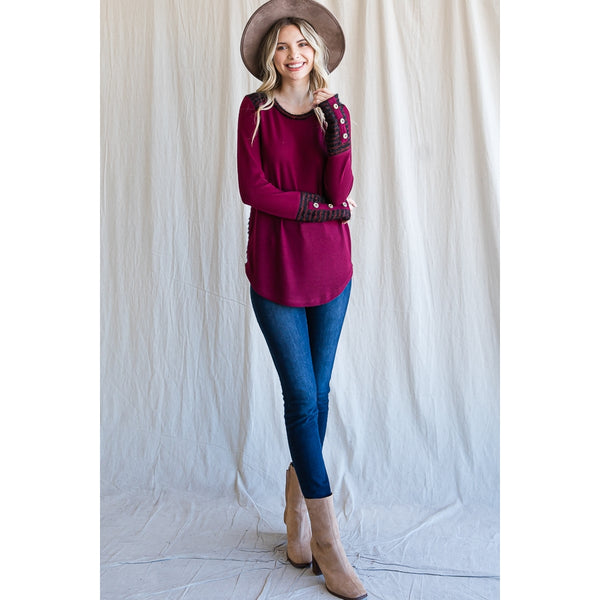 Burgundy Brushed Knit Top With Striped Back - Ruby Rebellion