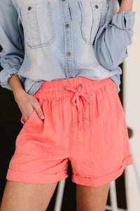 Linen Love Cuffed Shorts in Coral