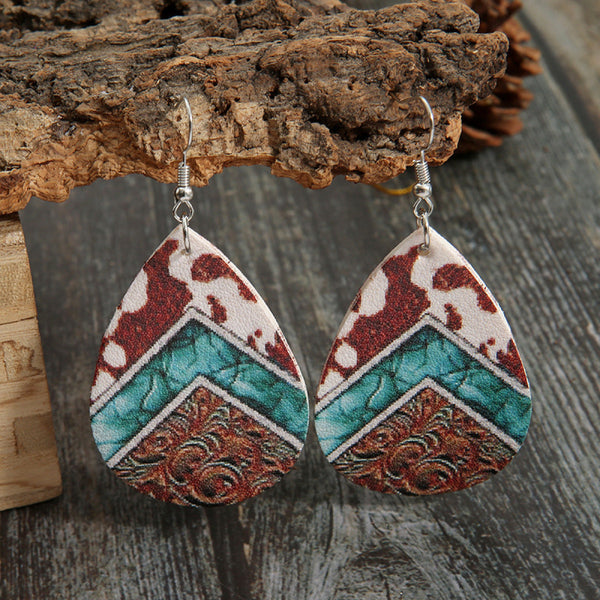 Retro Teardrop Cow/Leopard Pattern Drop Earrings
