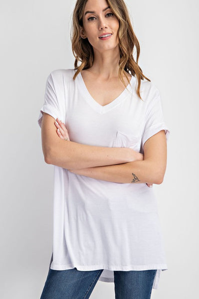 V NECK BASIC HIGH LOW HEM TOP