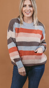 Davi & Dani Multi Stripe Round Neck Long Sleeve Sweater with Pockets