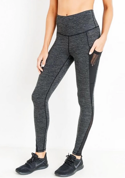 Heather Grey High Waist Splice Mesh Pocket Full Length Active Leggings