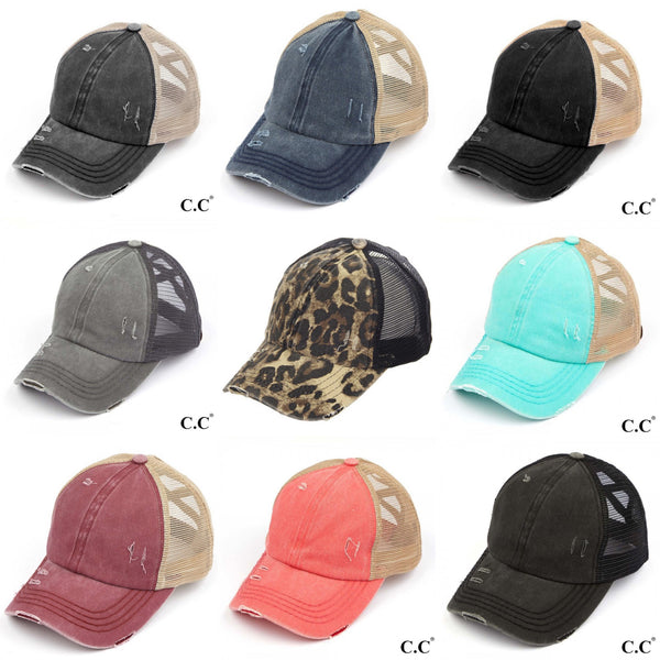 C.C Distressed Denim Criss Cross High Pony Hat - Ruby Rebellion