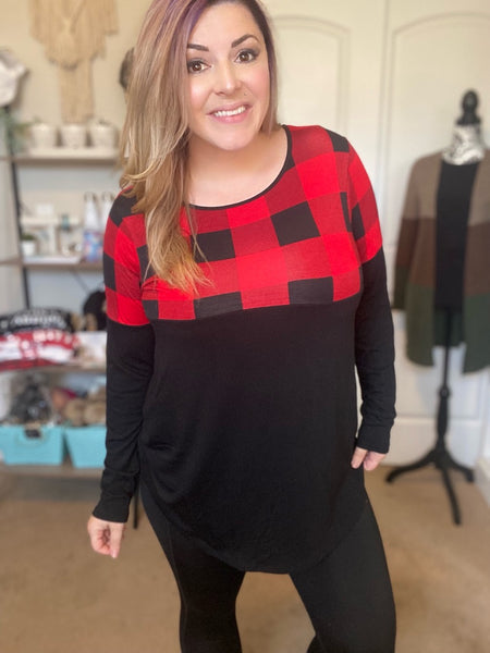 Buffalo Plaid Color Block Long Sleeve Top - Ruby Rebellion