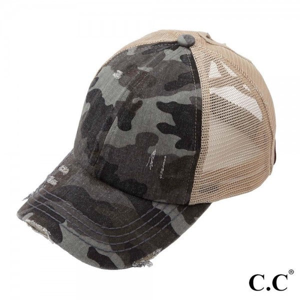 C.C Distressed Denim Criss Cross High Pony Hat - Ruby Rebellion