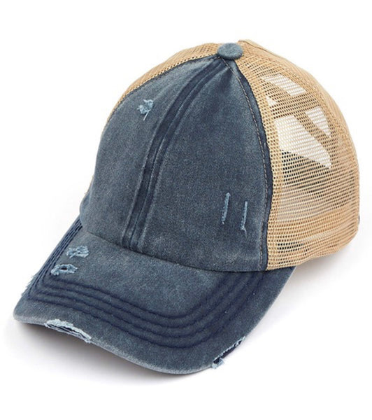 C.C Distressed Denim Criss Cross High Pony Hat - Ruby Rebellion