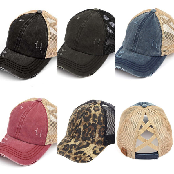 C.C Distressed Denim Criss Cross High Pony Hat - Ruby Rebellion
