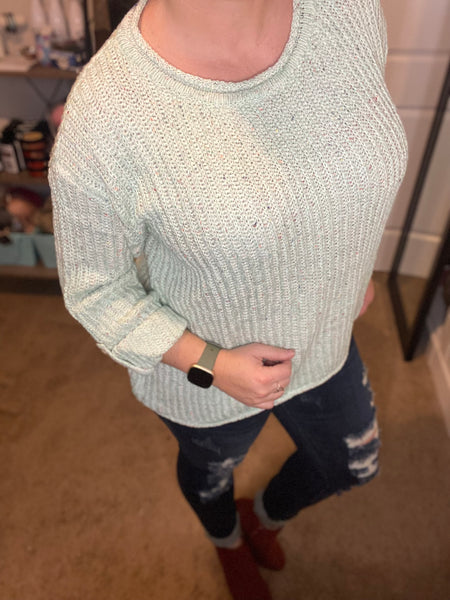 Mint Confetti 3/4 Roll Up Sleeve Sweater